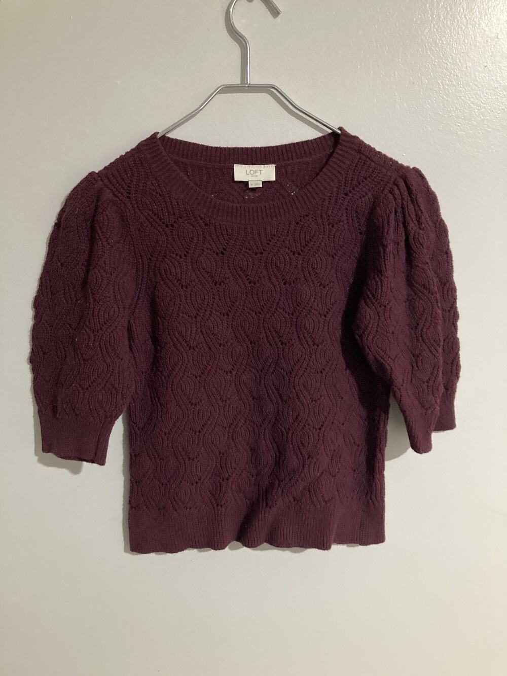 LOFT Top Blouse Womens M Crochet Puff Short Sleeve Sweater Maroon Chunky